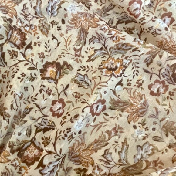 OLIVACEOUS DRESS FLORAL METALLIC DETAIL RUCHED TIERED SMOCKED SZ M FAIRY CORE - Picture 6 of 16